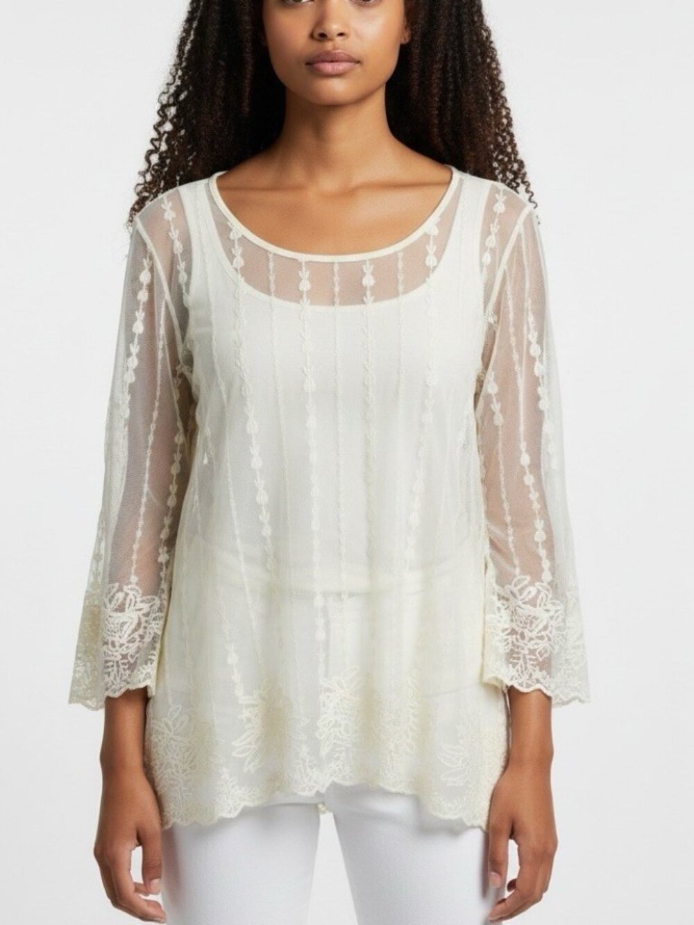 Dressbarn Womens Top Size Large Cream Lace Overlay Blouse Sheer Boho with Cami